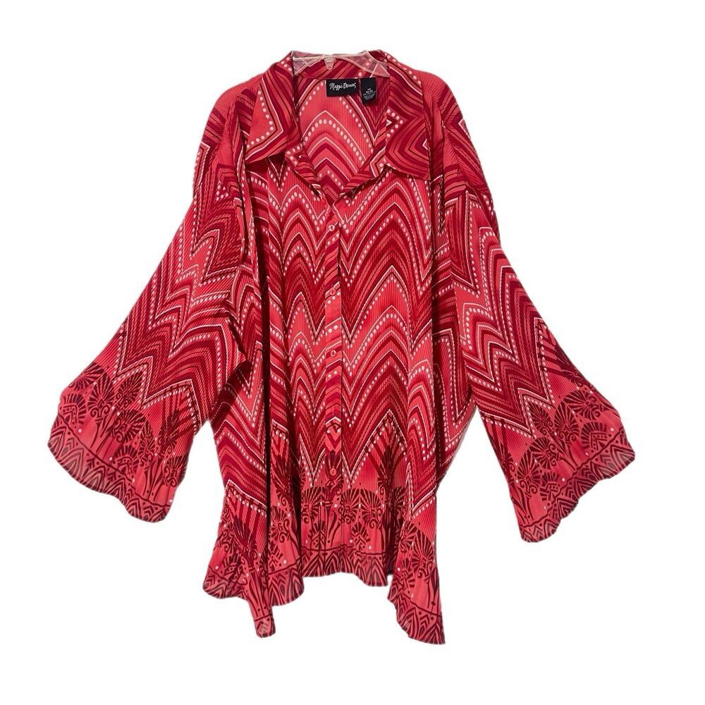 Maggie Barnes Tunic Top 4X 30-32 Pleated Button Front Pink Red Flutter Sleeves